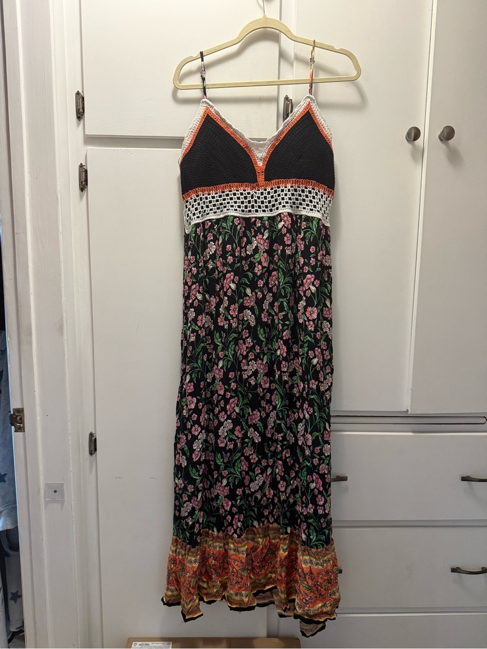 white birch Black Floral Maxi Dress with Crochet Waist and Orange Trim